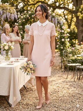 Karl Lagerfeld Paris Pink Lace Yoke Shift Dress White Peter Pan Collar Size 16